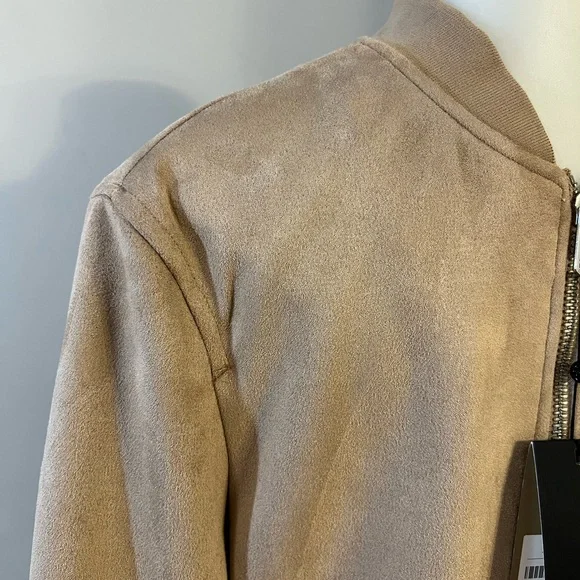 Tan Suede Bomber Jacket with Ribbed Details - Picture 5 of 13